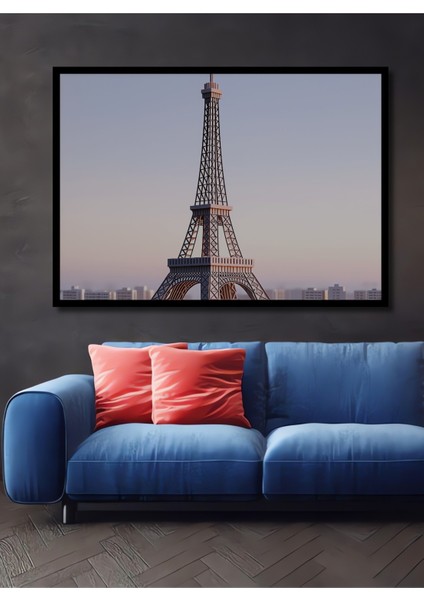 Çerçeve Görünümlü Eiffel Kulesi Pastel Boya Görünümlü Paris Manzarası Ahşap Ofis Kare Tablo