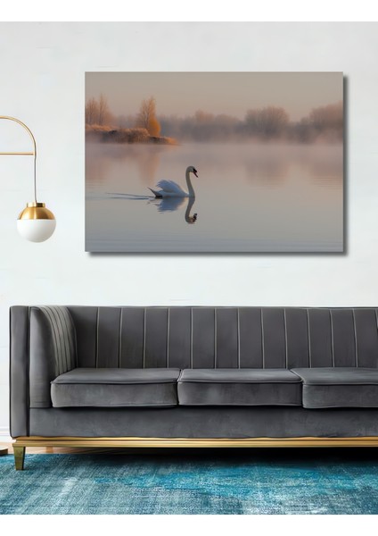 Huzurlu Göl Manzarası ve Kuğu Pastel Boya Görünümlü Dekoratif Ahşap Ev/işyeri/ofis Kare Tablo