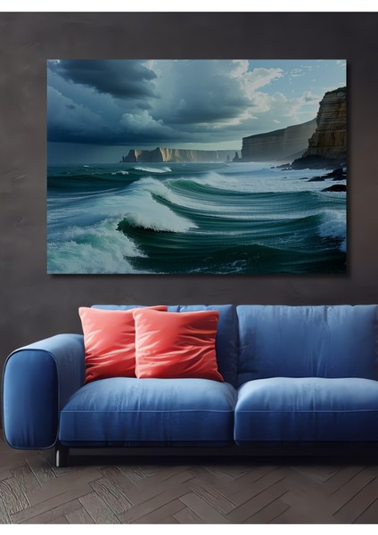 Fırtınalı Deniz Manzarası Yağlı Boya Görünümlü Ev/işyeri/ofis Dekoratif Ahşap Kare Tablo