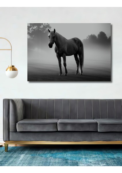 Asil Beyaz At Kara Kalem Görünümlü Dekoratif Ahşap Ev/işyeri/ofis Kare Tablo