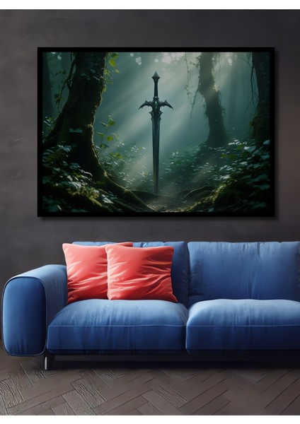 Çerçeve Görünümlü Ormanın Kalbinde Kılıç Yağlı Boya Görünümlü Ofis Dekoratif Ahşap Kare Tablo