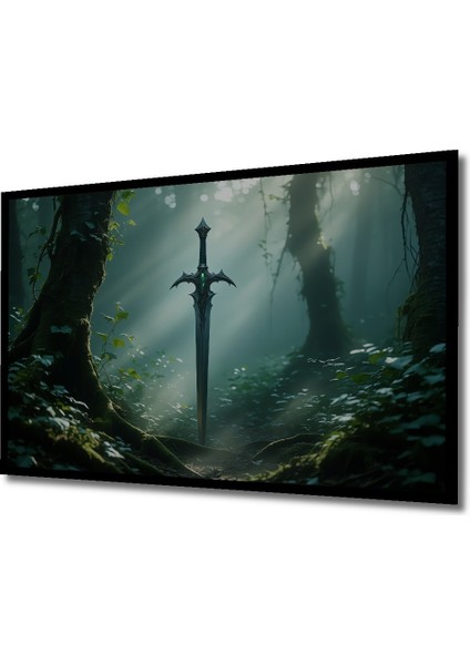 Çerçeve Görünümlü Ormanın Kalbinde Kılıç Yağlı Boya Görünümlü Ofis Dekoratif Ahşap Kare Tablo fiyatları