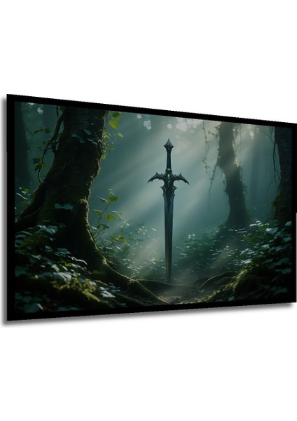 Çerçeve Görünümlü Ormanın Kalbinde Kılıç Yağlı Boya Görünümlü Ofis Dekoratif Ahşap Kare Tablo modelleri