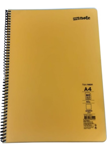 Flex A4 80 Yaprak Çizgisiz Spiralli Plastik Neon Kapak Defter