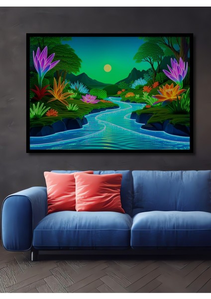 Çerçeve Görünümlü Neon Çiçekler Diyarı Dekoratif Ahşap Görünümlü Ev/işyeri/ofis Kare Tablo