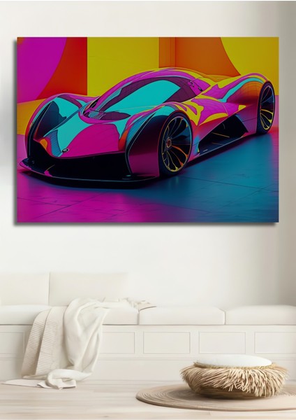 Fütüristik Neon Araba Modern Sanat Yağlı Boya Görünümlü Dekoratif Ahşap Ev/işyeri/ofis Kare Tablo
