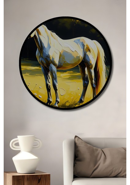 Çerçeve Görünümlü Altın Sarısı At Yağlı Boya Görünümlü Dekoratif Ahşap Işyeri/ofis Yuvarlak Tablo