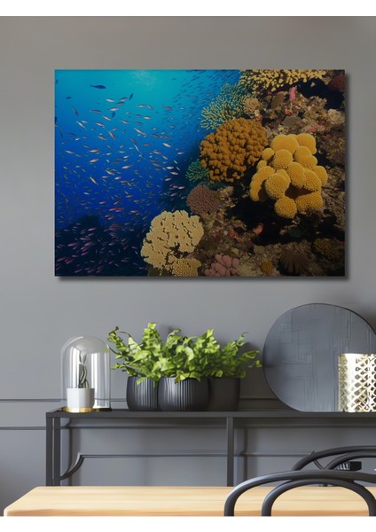 Deniz Altı Mercan Resifi Balık Sürüsü Manzarası Dekoratif Ahşap Ev/işyeri/ofis Kare Tablo