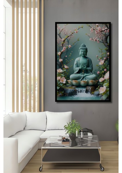Çerçeve Görünümlü Sakura Çiçekleri Arasında Buda Huzuru Yağlı Boya Görünümlü Ahşap Ofis Tablo