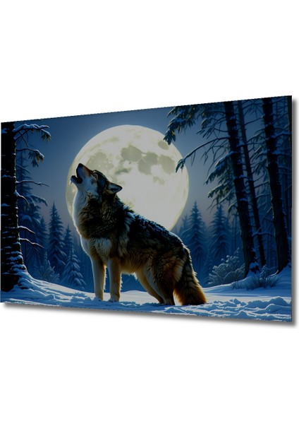 Dolunayda Uluyan Kurt Yağlı Boya Görünümlü Dekoratif Ahşap Ev/işyeri/ofis Kare Tablo fiyatları