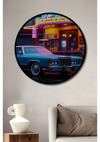 Çerçeve Görünümlü Retro Diner Rüya Otomobil Yağlı Boya Görünümlü Ahşap Ofis Yuvarlak Tablo