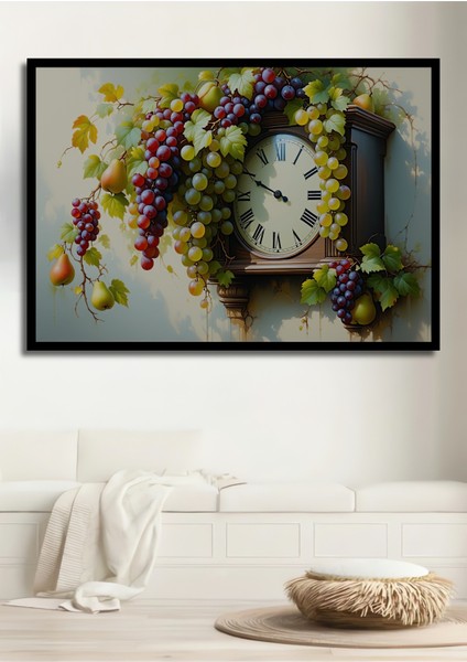 Çerçeve Görünümlü Üzüm ve Armutlu Antika Saat Yağlı Boya Görünümlü Dekoratif Ahşap Ofis Kare Tablo
