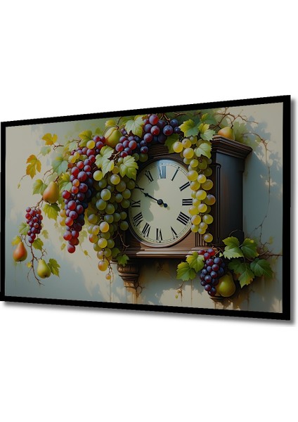 Çerçeve Görünümlü Üzüm ve Armutlu Antika Saat Yağlı Boya Görünümlü Dekoratif Ahşap Ofis Kare Tablo fiyatları