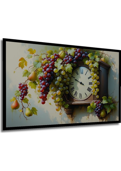 Çerçeve Görünümlü Üzüm ve Armutlu Antika Saat Yağlı Boya Görünümlü Dekoratif Ahşap Ofis Kare Tablo modelleri