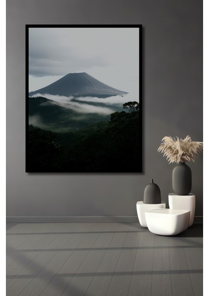 Çerçeve Görünümlü Sulu Boya Görünümlü Volkanik Dağ Manzarası Dekoratif Ahşap Işyeri/ofis Kare Tablo