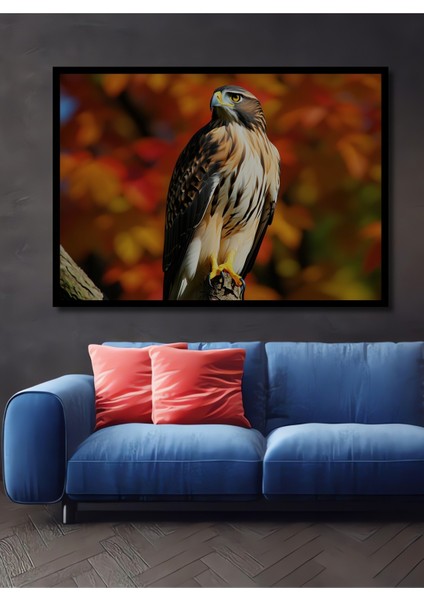 Çerçeve Görünümlü Sonbahar Yaprakları Arasında Kartal Yağlı Boya Görünümlü Ahşap Ofis Kare Tablo