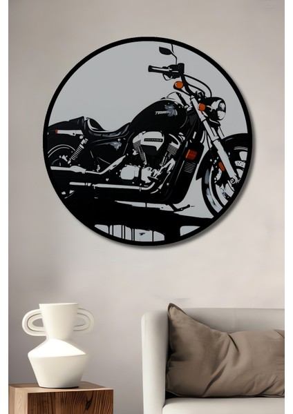 Çerçeve Görünümlü Siyah Beyaz Motor Tutkusu Yağlı Boya Görünümlü Ahşap Ofis Yuvarlak Tablo