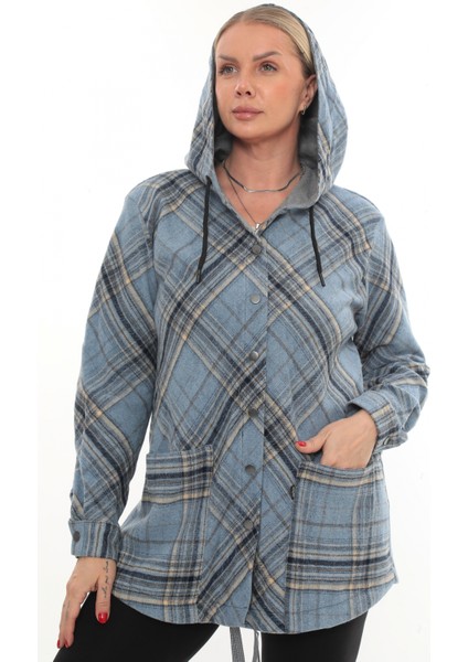 Büyük Beden Rahat Kalıp Kapüşonlu Oduncu Kadın Gömlek Hırka