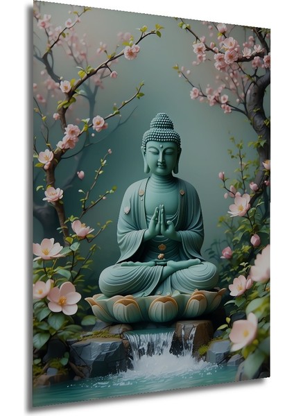 Sakura Çiçekleri Arasında Buda Huzuru Yağlı Boya Görünümlü Dekoratif Ahşap Ev/işyeri/ofis Tablo modelleri