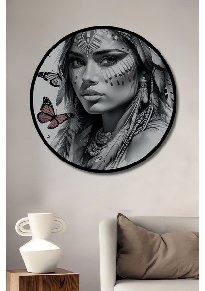 Çerçeve Görünümlü Kabile Güzeli Kara Kalem Görünümlü Dekoratif Ahşap Ev/işyeri/ofis Yuvarlak Tablo