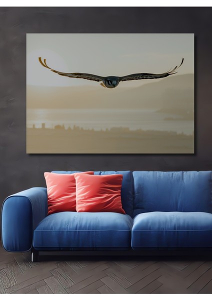 Gün Batımında Şahin Uçuşu Yağlı Boya Görünümlü Dekoratif Ahşap Ev/işyeri/ofis Kare Tablo