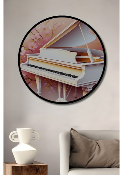Çerçeve Görünümlü Romantik Piyano Sakura Çiçekleri Yağlı Boya Görünümlü Ahşap Ofis Yuvarlak Tablo