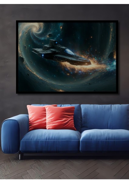 Çerçeve Görünümlü Uzay Gemisi Galaksi Seyahati Yağlı Boya Görünümlü Dekoratif Ahşap Ofis Kare Tablo