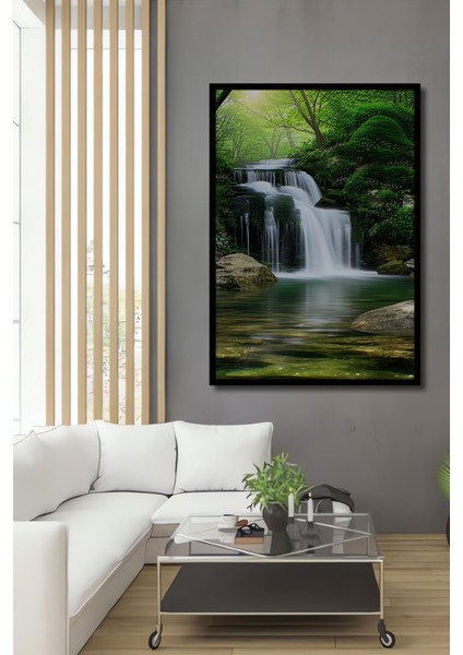 Çerçeve Görünümlü Yeşilin Büyüsü Şelale Manzarası Dekoratif Ahşap Ev/işyeri/ofis Kare Tablo