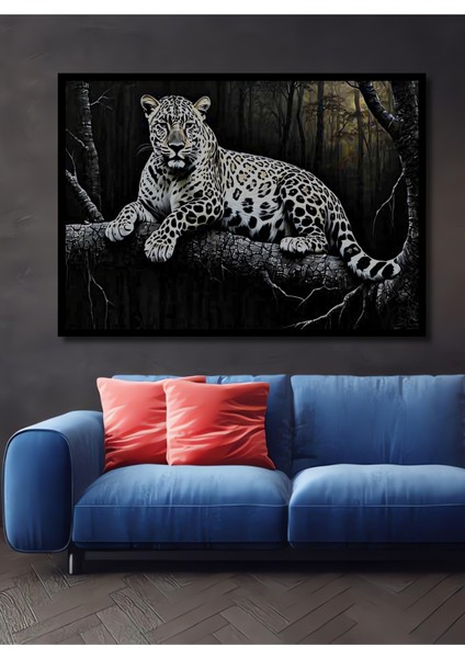 Çerçeve Görünümlü Orman Esintili Leopar Yağlı Boya Görünümlü Dekoratif Ahşap Işyeri/ofis Kare Tablo