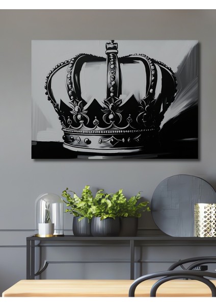 Siyah Beyaz Kraliyet Tacı Yağlı Boya Görünümlü Dekoratif Ahşap Ev/işyeri/ofis Kare Tablo