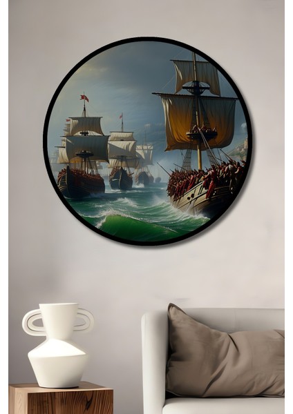 Çerçeve Görünümlü Osmanlı Donanması Yağlı Boya Görünümlü Dekoratif Ahşap Işyeri/ofis Yuvarlak Tablo