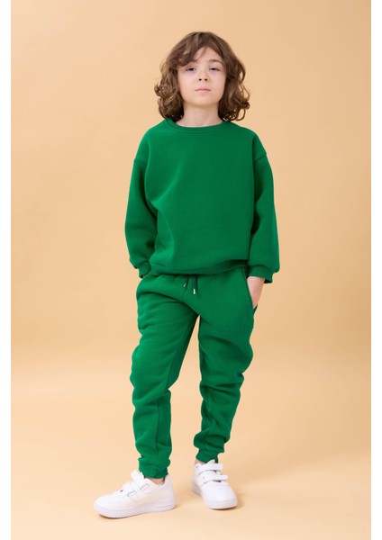 Erkek Çocuk Bisiklet Yaka Şardonlu Kışlık 2'li Eşofman Takımı - Yeşil