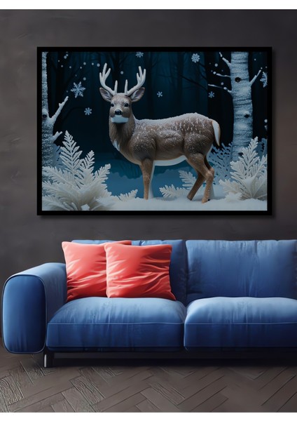 Çerçeve Görünümlü Kış Ormanında Geyik Yağlı Boya Görünümlü Dekoratif Ahşap Işyeri/ofis Kare Tablo