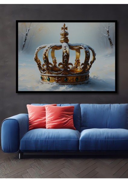 Çerçeve Görünümlü Karlar Altında Altın Taç Yağlı Boya Görünümlü Dekoratif Ahşap Ofis Kare Tablo