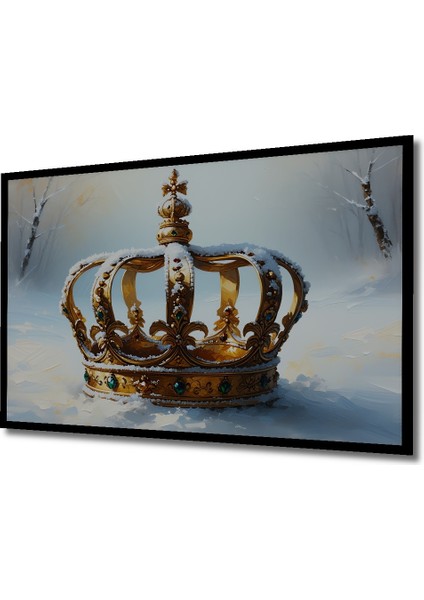 Çerçeve Görünümlü Karlar Altında Altın Taç Yağlı Boya Görünümlü Dekoratif Ahşap Ofis Kare Tablo fiyatları