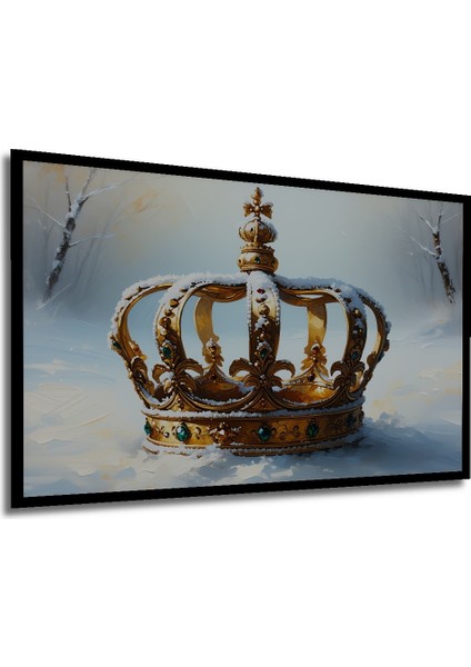 Çerçeve Görünümlü Karlar Altında Altın Taç Yağlı Boya Görünümlü Dekoratif Ahşap Ofis Kare Tablo modelleri