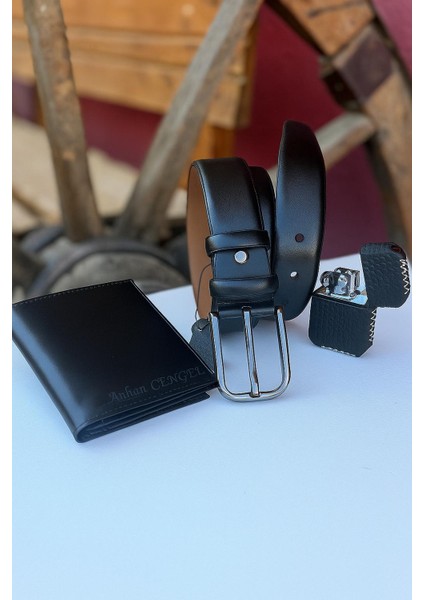 Klasik Siyah Deri Kemer,deri,deri Cüzdan ve Deri Çakmak Kılıfı ve Çakmak Kombini