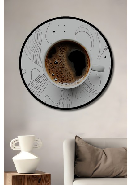 Çerçeve Görünümlü Minimalist Kahve Keyfi Kara Kalem Çizgili Dekoratif Ahşap Ofis Yuvarlak Tablo