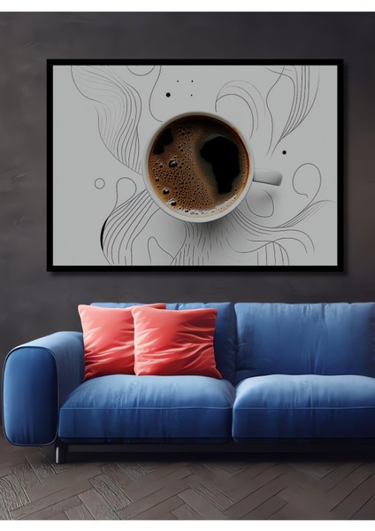 Çerçeve Görünümlü Minimalist Kahve Keyfi Kara Kalem Çizgili Dekoratif Ahşap Işyeri/ofis Kare Tablo