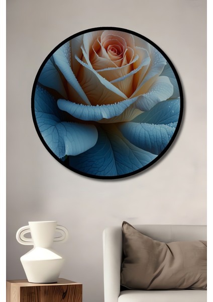Çerçeve Görünümlü Buz Beyazı Güllü Pastel Boya Görünümlü Dekoratif Ahşap Işyeri/ofis Yuvarlak Tablo