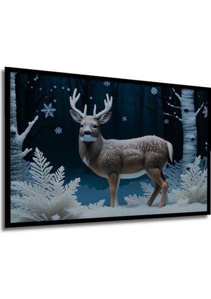 Çerçeve Görünümlü Kış Ormanında Geyik Yağlı Boya Görünümlü Dekoratif Ahşap Işyeri/ofis Kare Tablo modelleri