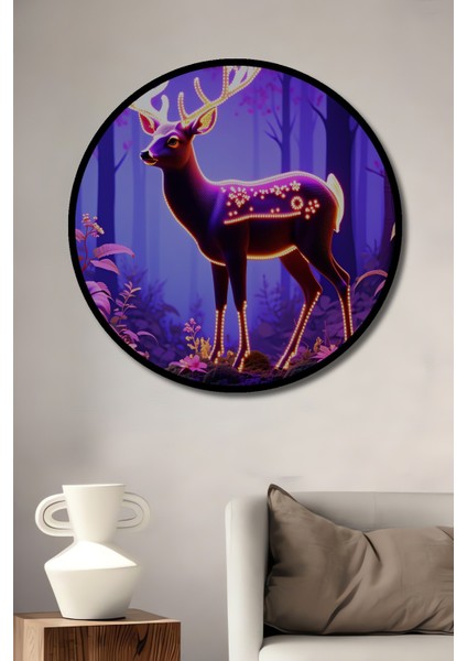Çerçeve Görünümlü Neon Işıklı Geyik Yağlı Boya Görünümlü Dekoratif Ahşap Işyeri/ofis Yuvarlak Tablo