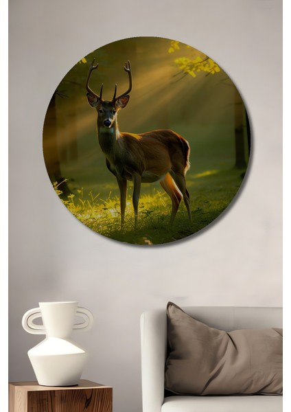 Ormanda Parıldayan Geyik Yağlı Boya Görünümlü Dekoratif Ahşap Ev/işyeri/ofis Yuvarlak Tablo