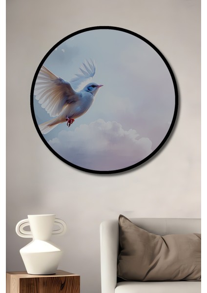 Çerçeve Görünümlü Beyaz Güvercin Bulutların Dansı Yağlı Boya Görünümlü Ahşap Ofis Yuvarlak Tablo