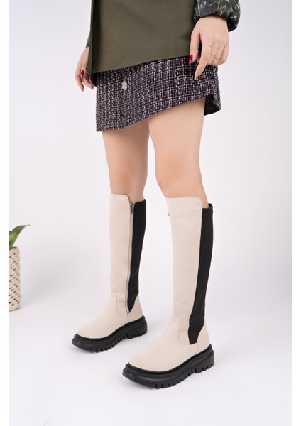 Diasa Süet Kalın Taban Streç Detaylı Fermuarlı Kadın Çizme modelleri