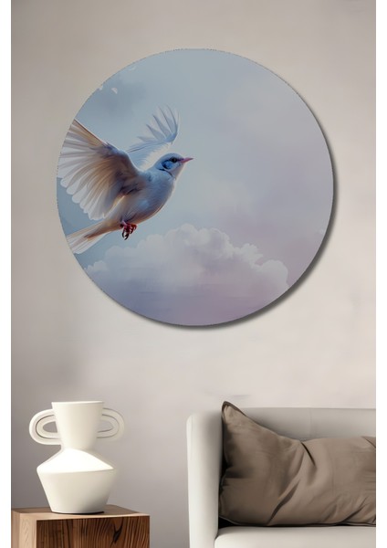 Beyaz Güvercin Bulutların Dansı Yağlı Boya Görünümlü Dekoratif Ahşap Ev/işyeri/ofis Yuvarlak Tablo