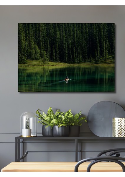Yeşil Gölün Kanosu Huzurlu Orman Manzarası Dekoratif Ahşap Ev/işyeri/ofis Kare Tablo