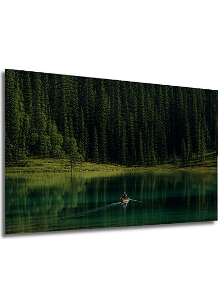 Yeşil Gölün Kanosu Huzurlu Orman Manzarası Dekoratif Ahşap Ev/işyeri/ofis Kare Tablo modelleri
