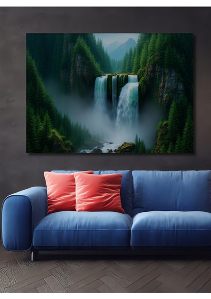 Yeşil Vadi Şelalesi Yağlı Boya Görünümlü Dekoratif Ahşap Ev/işyeri/ofis Kare Tablo