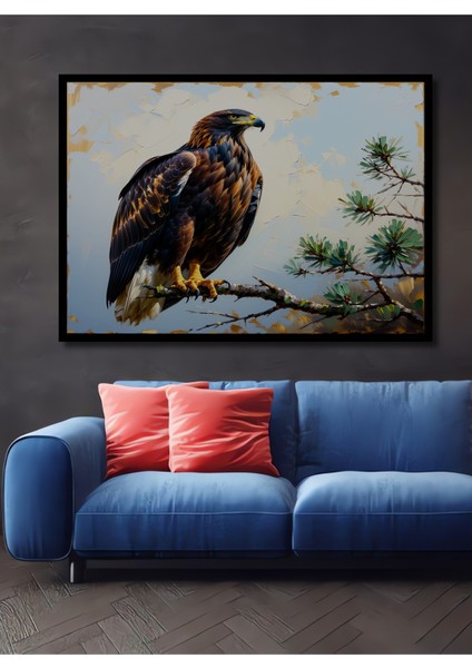 Çerçeve Görünümlü Kartalın Görkemli Yağlı Boya Görünümlü Dekoratif Ahşap Işyeri/ofis Kare Tablosu